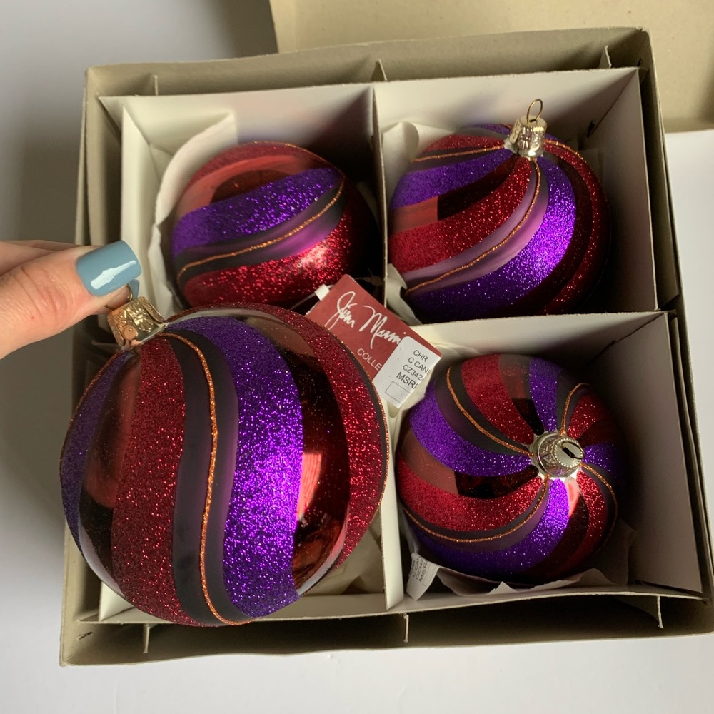 4 Blown Glass Christmas Ornament Ball 3.5” Bauble Purple Pink Glitter Round Read